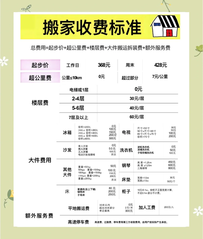 搬家费用：宝鸡搬家公司报价单